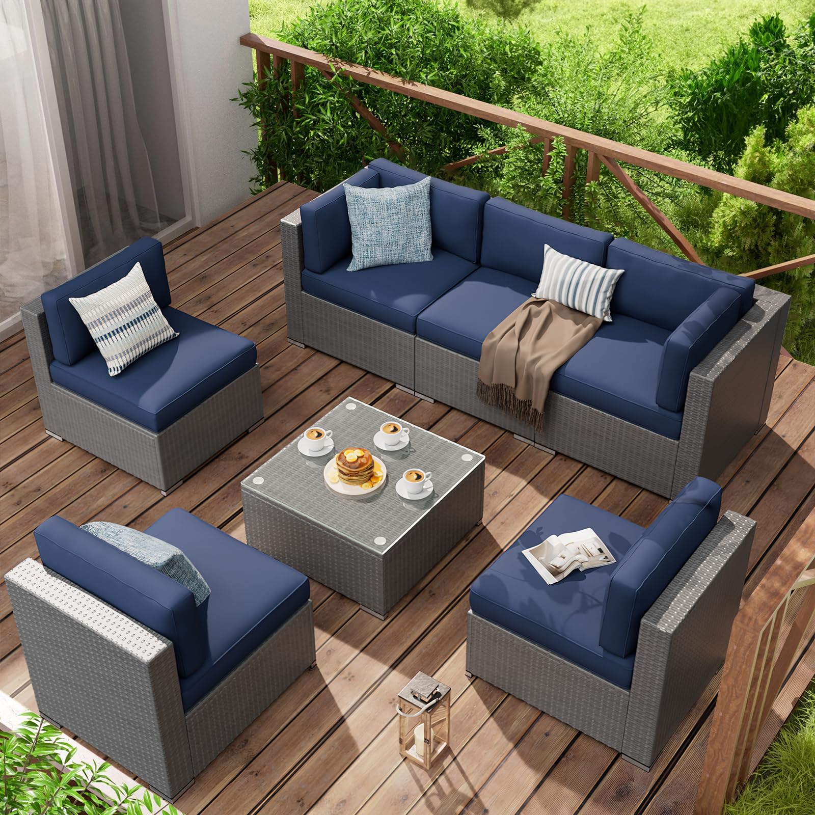 SUNCROWN Outdoor 14-Piece Replacement Cushions for Patio Furniture, Water-Resistant Cushion for 6-seat Patio Sectional Conversation Set, Liner&Cover(Dark Blue)