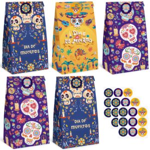 vgoodall 27pcs halloween party favor bags, day of the dead treat bags paper goodie bags candy bags with stickers for party favor supplies 3 designs