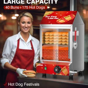 WantJoin Hot Dog Steamer, 2 Tiers Electric Hot Dog Steamer with Bun Warmer 27 L/24.52 QT, Visuable Glass Slide Doors Suit for 175 Hot Dogs and 40 Buns, Red