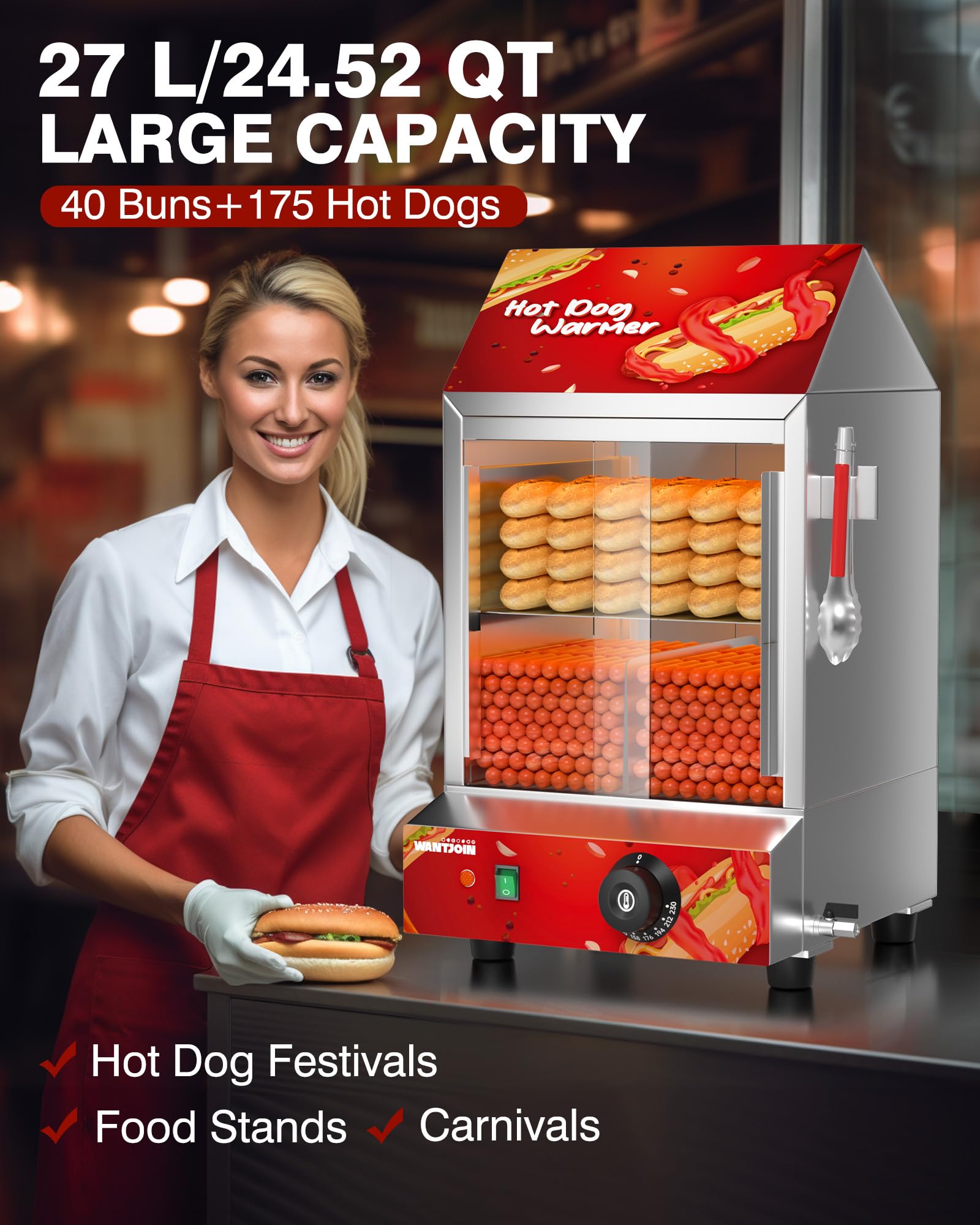 WantJoin Hot Dog Steamer, 2 Tiers Electric Hot Dog Steamer with Bun Warmer 27 L/24.52 QT, Visuable Glass Slide Doors Suit for 175 Hot Dogs and 40 Buns, Red