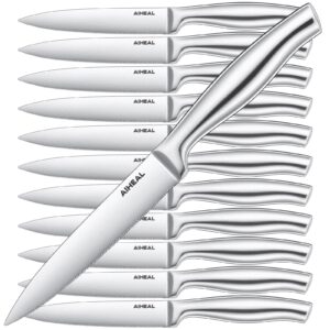 aiheal steak knives, stainless steel steak knives set of 12, never needs sharpening dinner steak knife set, 4.5 inch sharp micro serrated steak knives