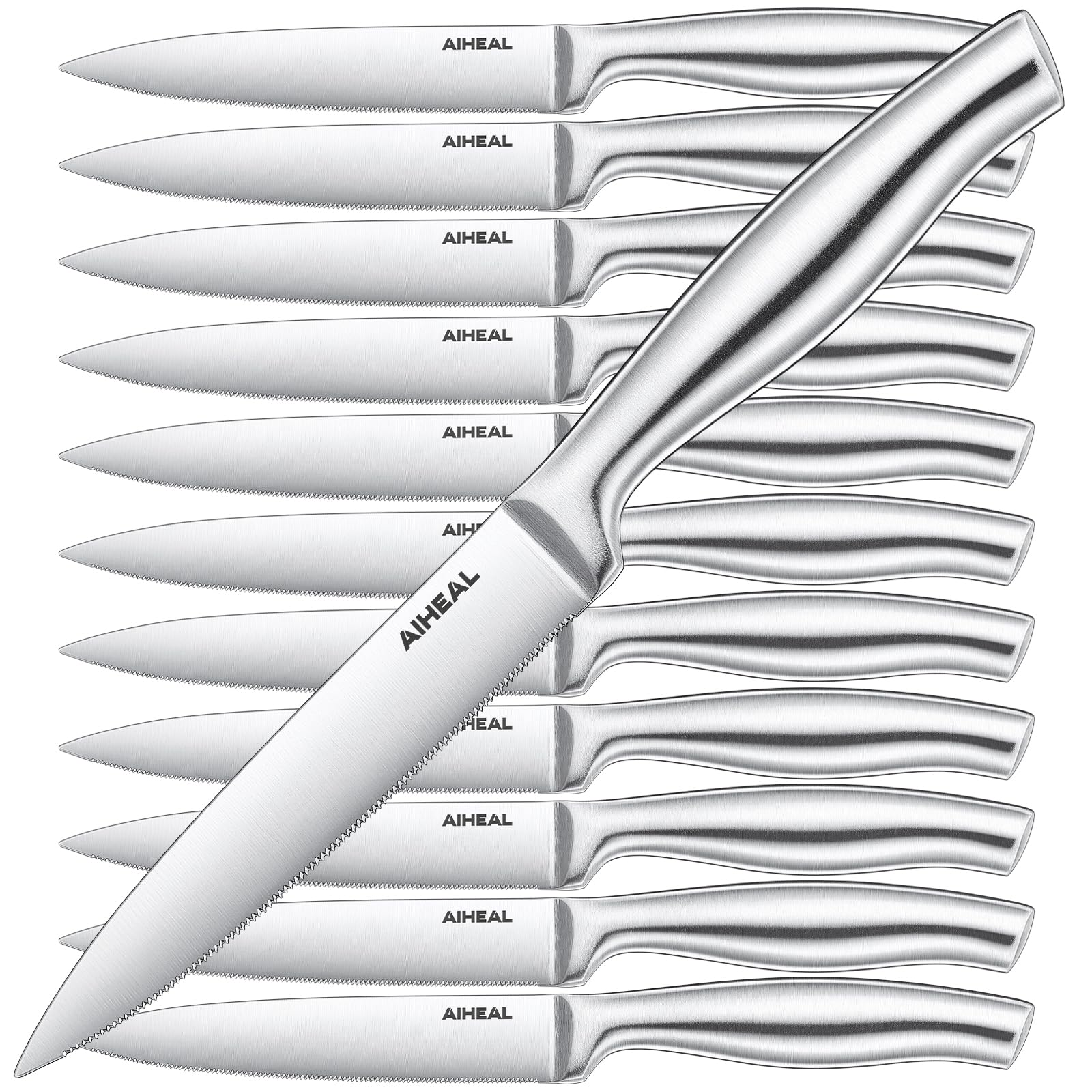 Aiheal Steak Knives, Stainless Steel Steak Knives Set of 12, Never Needs Sharpening Dinner Steak Knife Set, 4.5 Inch Sharp Micro Serrated Steak Knives