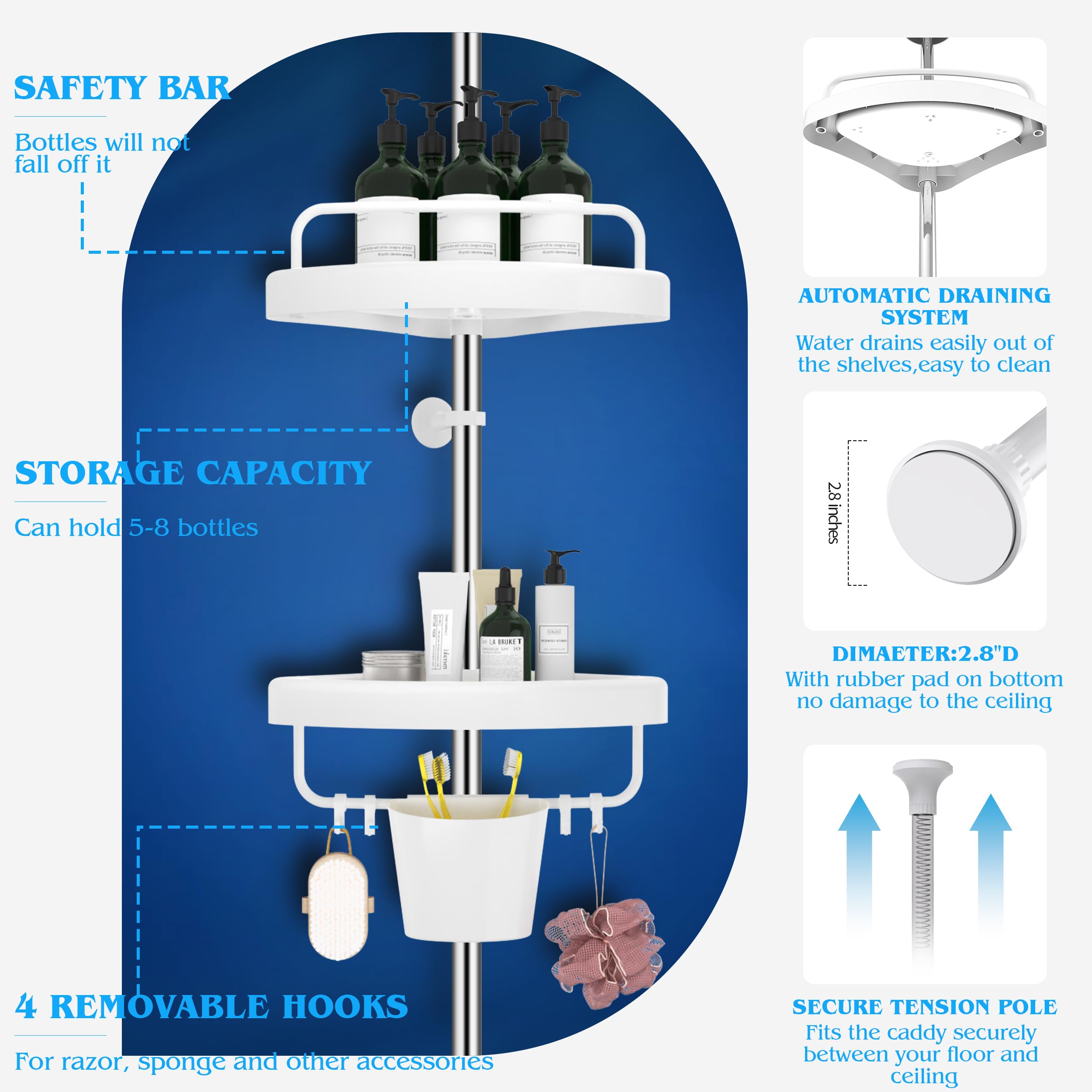 EliteCart Rust Proof Shower Caddy Corner Tension Pole – Adjustable Height (32-120 inch), 4 Tier Shelf Bathtub Organizers and Storage – Includes Towel Rack, Tooth Brush Holder and Suction Cups (White)
