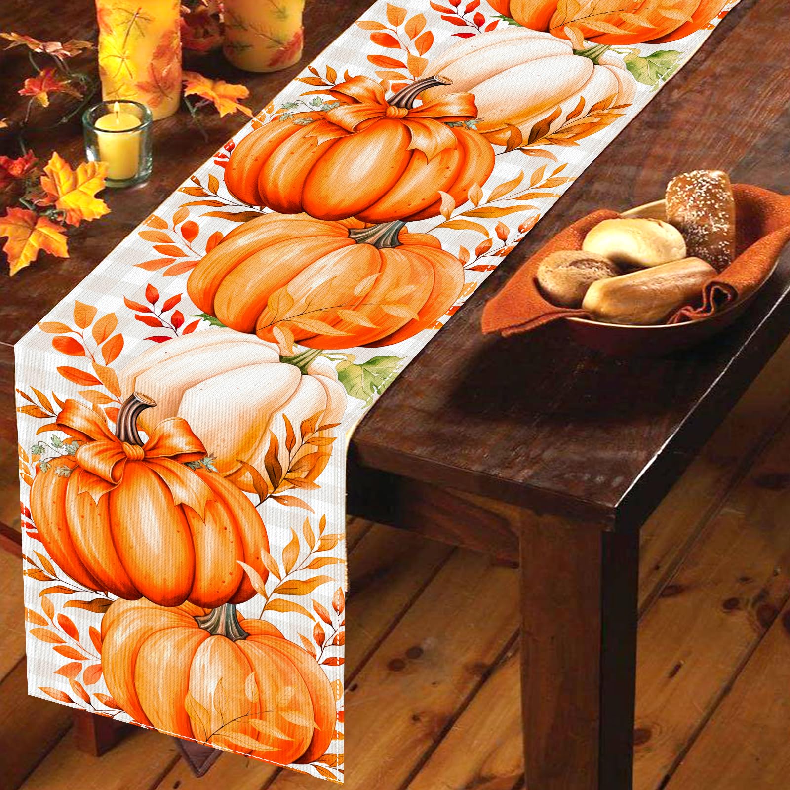 Netnology Pumpkins Leaves Fall Table Runner, White and Gray Buffalo Plaid Thanksgiving Table Runner, Seasonal Farmhouse Indoor Decor Autumn Decorations for Home 13 x 72 Inch