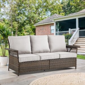 bellefurn patio sofa 3-seat wicker couch brown pe rattan sofa with deep seating high back outdoor sofa for patio garden balcony sunroom backyard deck porch poolside, sofa(1pc), brown|beige