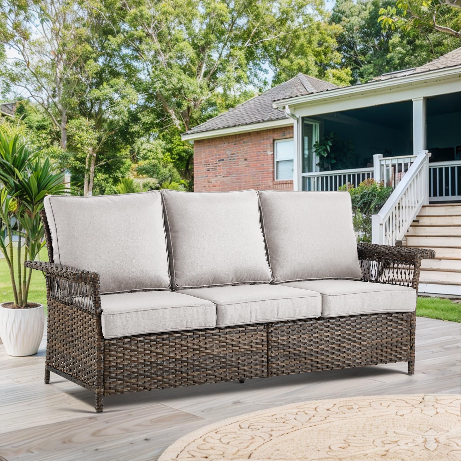 Bellefurn Patio Sofa 3-Seat Wicker Couch Brown PE Rattan Sofa with Deep Seating High Back Outdoor Sofa for Patio Garden Balcony Sunroom Backyard Deck Porch Poolside, Sofa(1PC), Brown|Beige