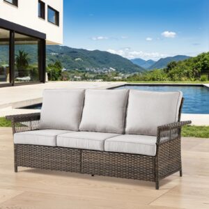 Bellefurn Patio Sofa 3-Seat Wicker Couch Brown PE Rattan Sofa with Deep Seating High Back Outdoor Sofa for Patio Garden Balcony Sunroom Backyard Deck Porch Poolside, Sofa(1PC), Brown|Beige