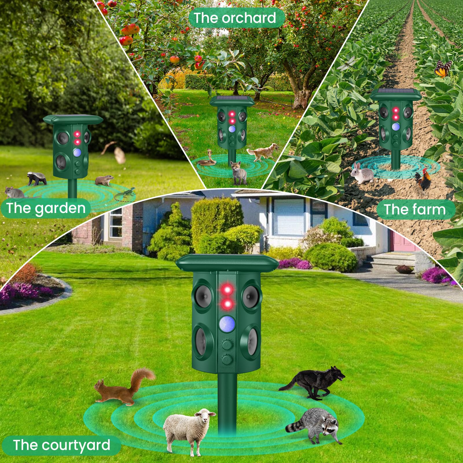 Solar Animal Repellent Outdoor with Vibration and Motion Sensor, Waterproof with Flashing Light, Ultrasonic Pest Repellent for Snakes, Moles, Cat, Dog, Squirrels, Deer, Raccoons, Coyotes, Rabbit