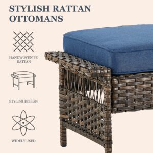 Bellefurn Patio Ottomans 2 Piece Outdoor Wicker Ottomans PE Rattan Footrest with Thickened Cushions Footstools for Garden Sunroom Deck Porch Balcony Poolside, Ottomans(2PCS), Brown|Blue