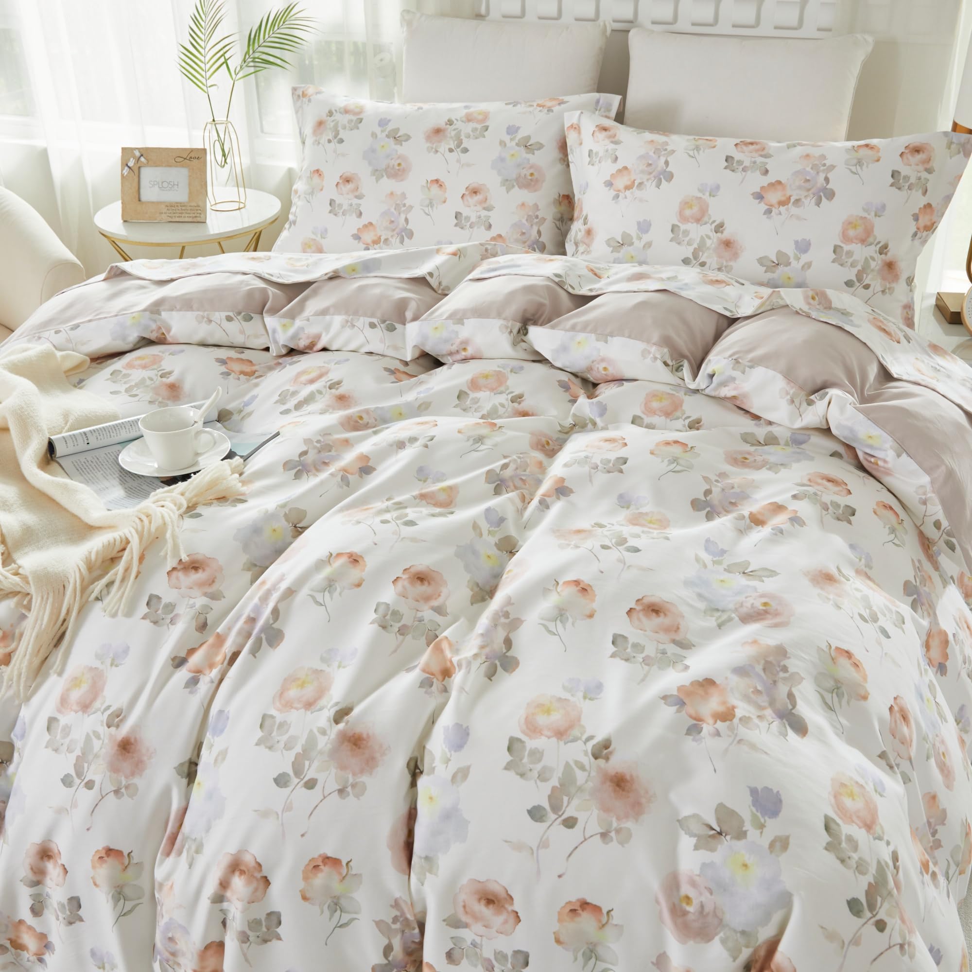 Brandream Floral Bedding Cotton Tencel Duvet Cover Set 4 Piece, 60% Lyocell & 40% Cotton,Hypoallergenic,Breathable and Soft Bedding Set, Floral Duvet Cover with Zipper Closure and Corner Ties