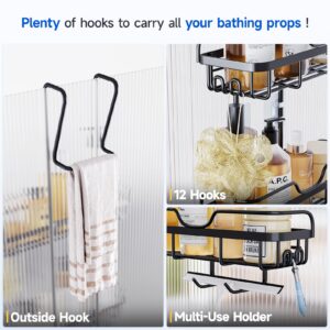 Shower Caddy Over the Door Organizer: Bath Rack Hanging Over Glass with Hooks - Storage Shelf Inside Bathroom for Shampoo - Matte Black