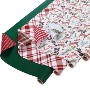 laribbons reversible christmas wrapping paper sets, classic doe floral/plaid/berries with 2 trimming & 3 gift tags, perfect for season party, holiday, 30 inch x 10 feet (4rolls, 100 sq.ft.ttl.)