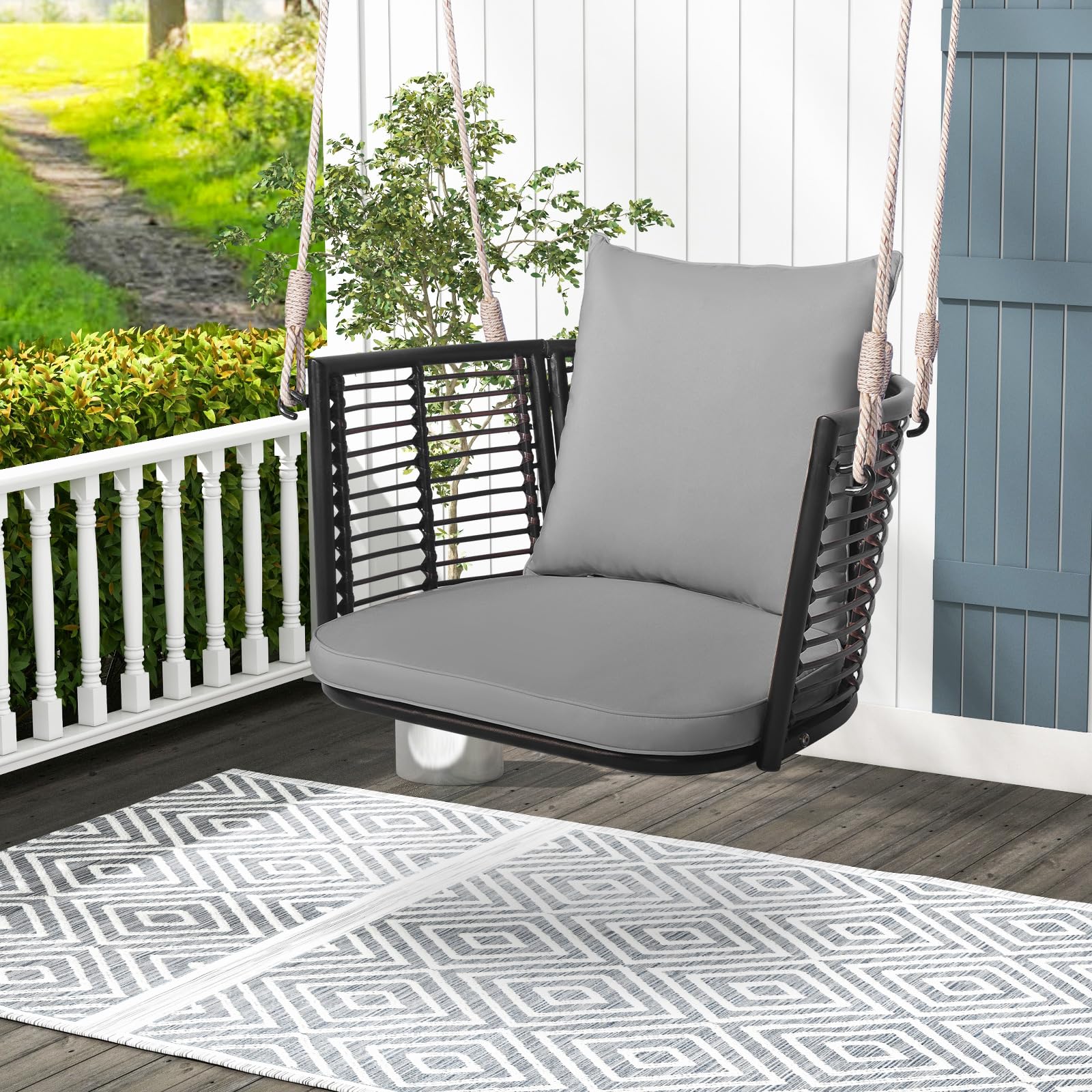 Tangkula Outdoor Metal Porch Swing, Single Person Hanging Seat w/Woven Rattan Backrest, 2 Sturdy Hanging Ropes, Seat & Back Cushions Included, Heavy-Duty Swing Chair for Front Porch, Backyard (Grey)