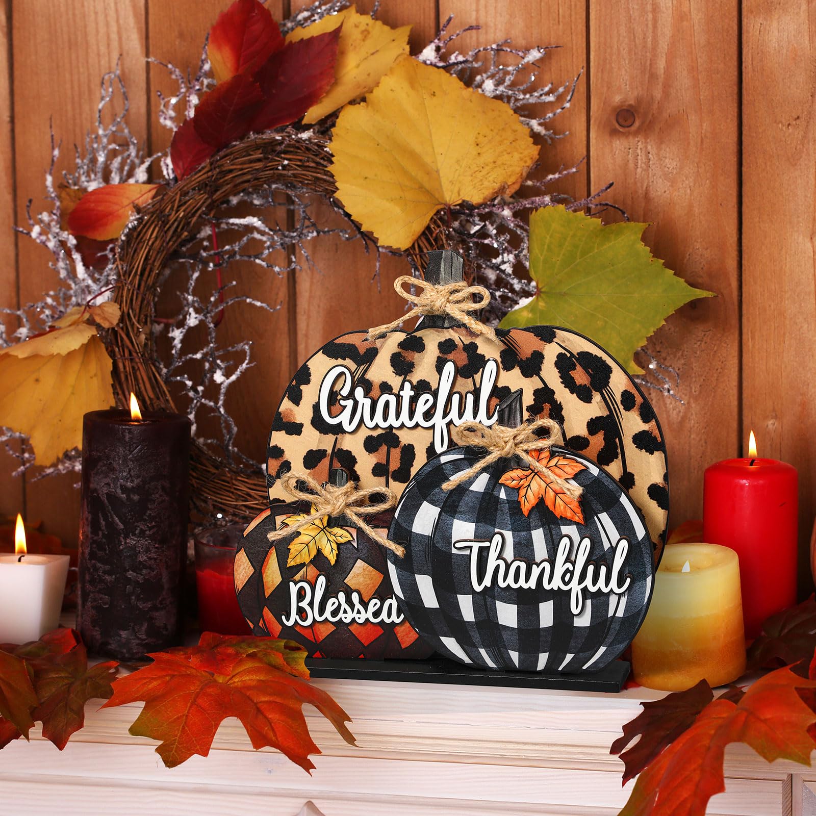 Soaoo Fall Pumpkin Sign Decoration 11 Inch Wooden Pumpkin Table Centerpiece Thanksgiving Autumn Pumpkin Tabletop Sign Blessed Grateful Thankful Sign for Thanksgiving Fall Harvest Home Farmhouse Decor