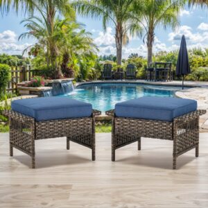 Bellefurn Patio Ottomans 2 Piece Outdoor Wicker Ottomans PE Rattan Footrest with Thickened Cushions Footstools for Garden Sunroom Deck Porch Balcony Poolside, Ottomans(2PCS), Brown|Blue