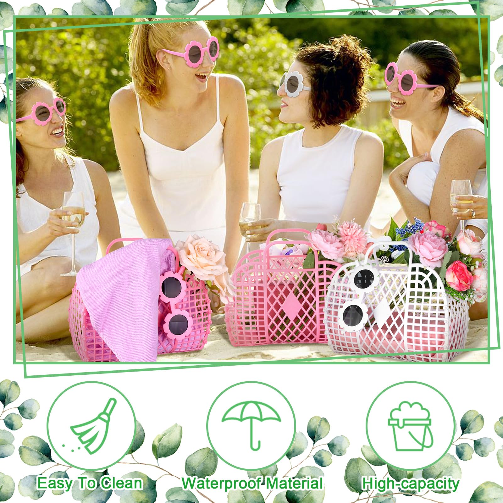 FIONUPI 24 Pcs Jelly Bags with Sunglasses for Women Wedding Jelly Purse Beach Bags Plastic Jelly Basket Flower Glasses for Bridal Wedding Party Gift