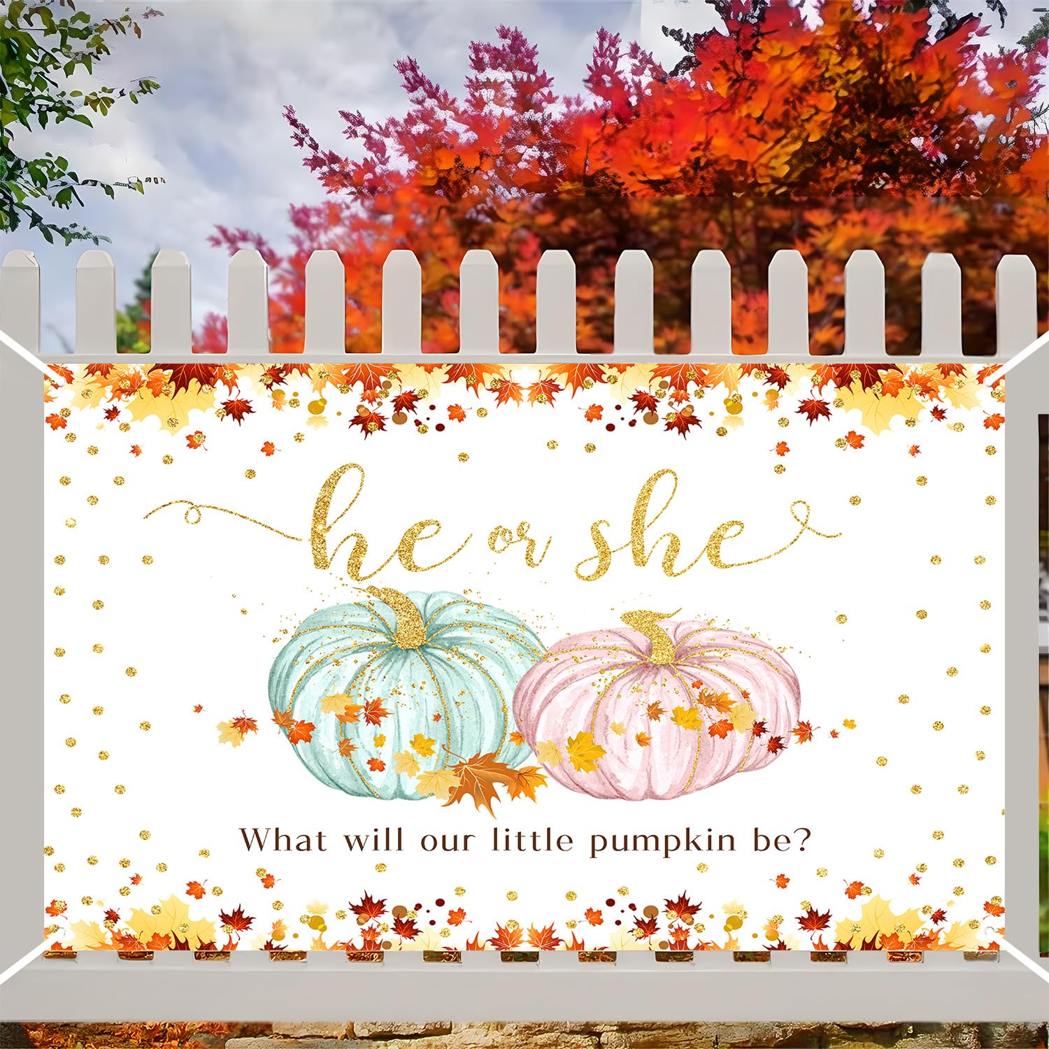 MEHOFOND XtraLarge Pumpkin Gender Reveal Banner Backdrop(72x44Inch) Fall Pumpkin Baby Shower Party Decorations Supplies Thanksgiving Baby Shower Banner Autumn Golden Maple Leaves Party Decorations