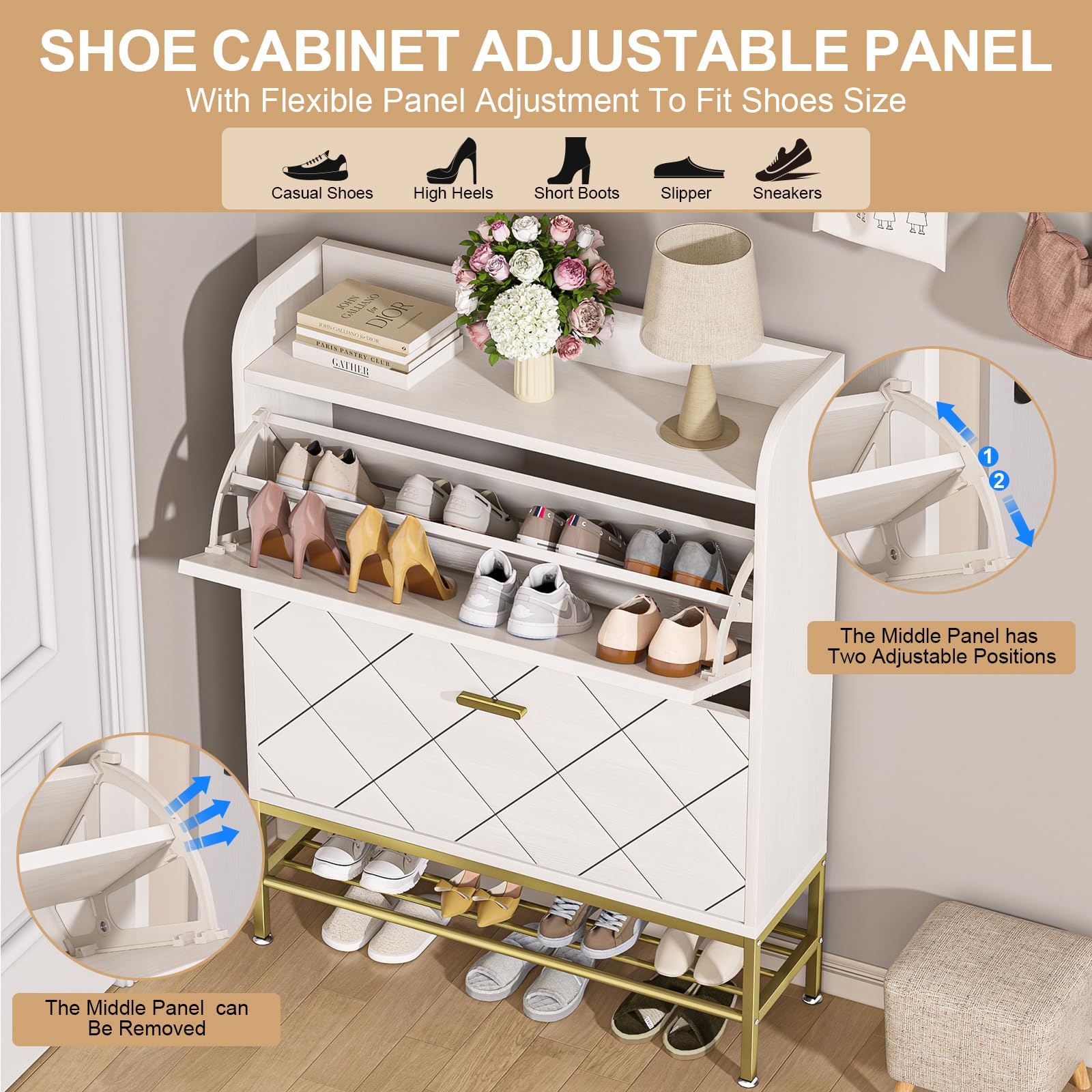 VTRIN Shoe Cabinet with 2 Flip Drawers, Wooden Shoe Organizer Cabinet Modern Sturdy Hidden Shoe Rack Cabinet with Metal Legs Narrow Shoe Cabinet for Entryway Shoe Storage Cabinet, White