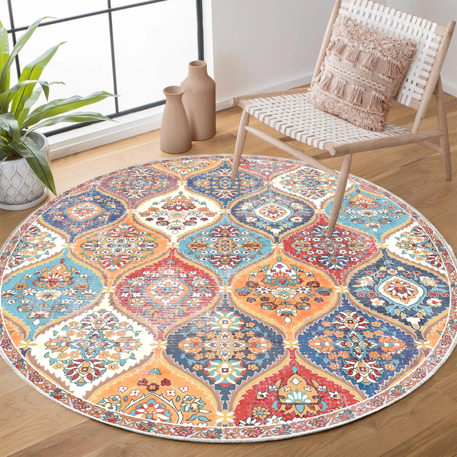 Round Boho Rug, Bohemian Circle Area Rug 5ft, Washable Non-Slip Round Clearance Moroccan Carpet for Bedroom Kitchen Bathroom Living Room Office Decor - 5ft-Round,Cream