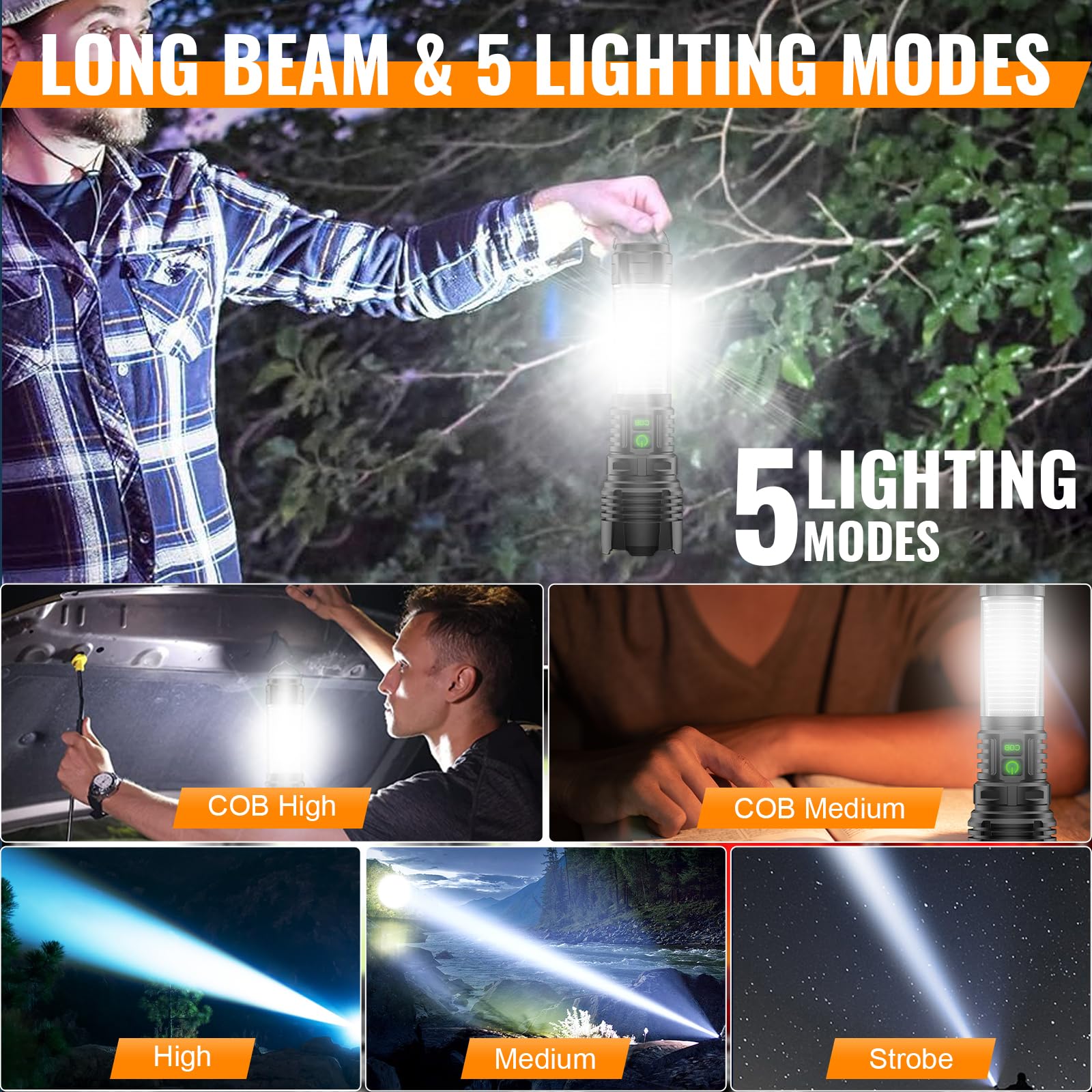 LED Rechargeable Flashlight 100000 High Lumens with Camping Lanterns - 2000 Meters Long Beam Super Bright LED Flashlight, Waterproof Camping Tent Lights 5 Modes, Zoomable Camping Flashlight Lantern