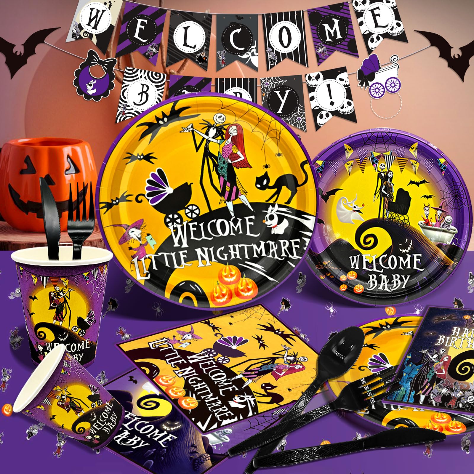 HigzYovn 183Pcs Welcome Little Nightmare Baby Shower Decorations Nightmare Before Christmas Party Supplies Nightmare Before Christmas Baby Shower Decorations Tableware for Baby Shower Party Decor