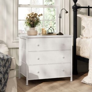 boluo white nightstand with fabric drawers, large night stand 3 drawer dresser for bedroom, closet, girls modern