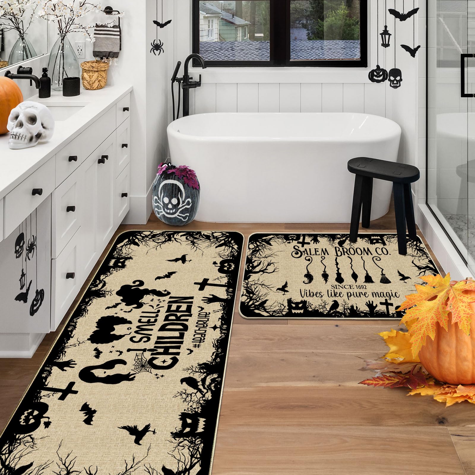 cusugbaso Halloween Kitchen Mats, Witches Kitchen Rugs Set of 2 - I Smell Children Halloween Kitchen Decor for Floor - Halloween Decorations for Home 17"x27+17"x47"