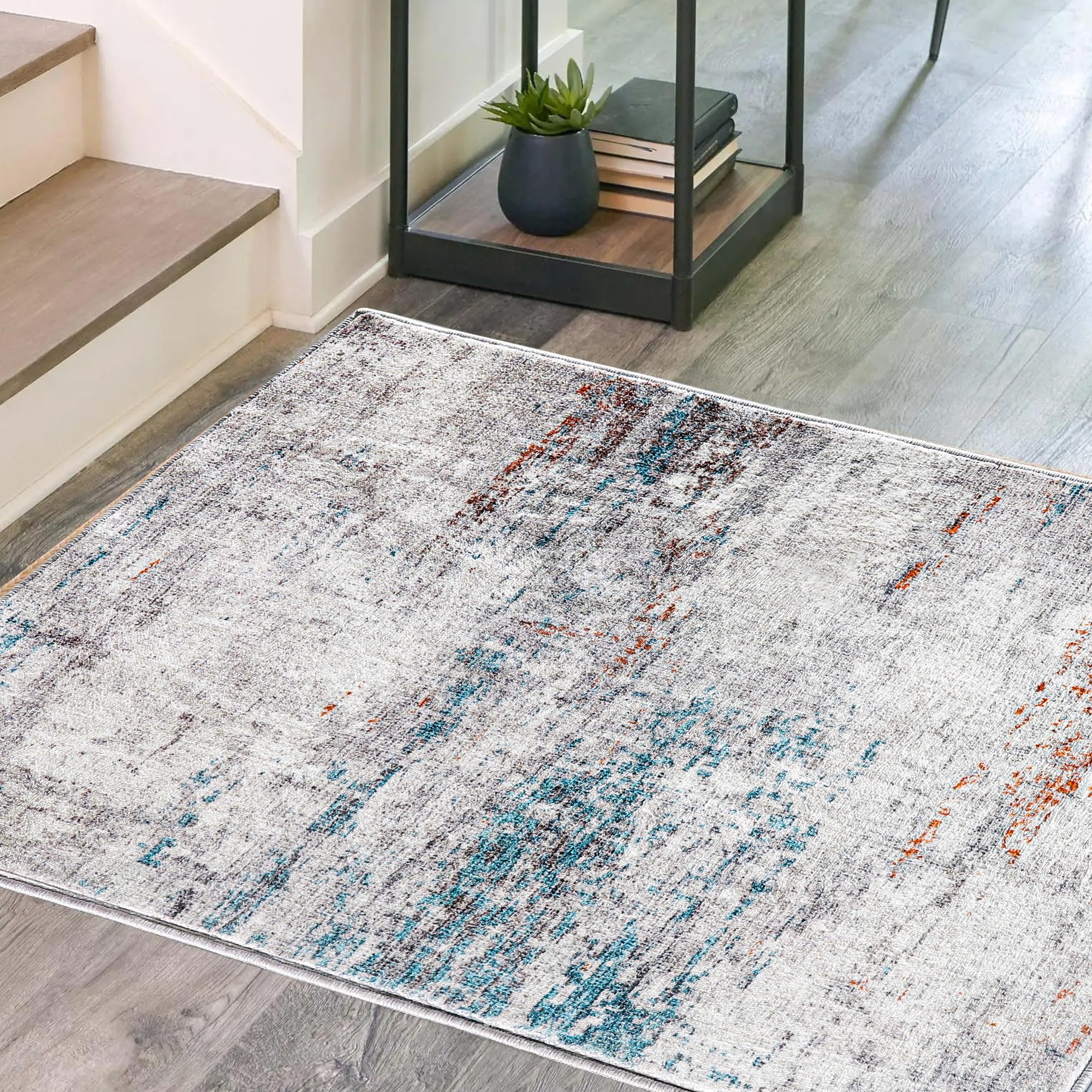 Modern Abstract Area Rug, 2x3 Washable Rugs for Living Room Bedroom Entryway Door mat Dining Room Indoor Accent Rugs, Soft Thin Throw Rug Floor Carpet for Kids Pet (Teal/Ivory/Brown)