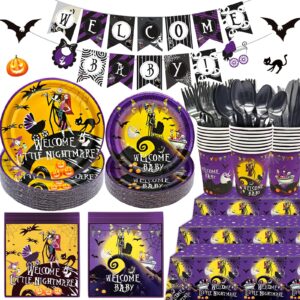 higzyovn 183pcs welcome little nightmare baby shower decorations nightmare before christmas party supplies nightmare before christmas baby shower decorations tableware for baby shower party decor