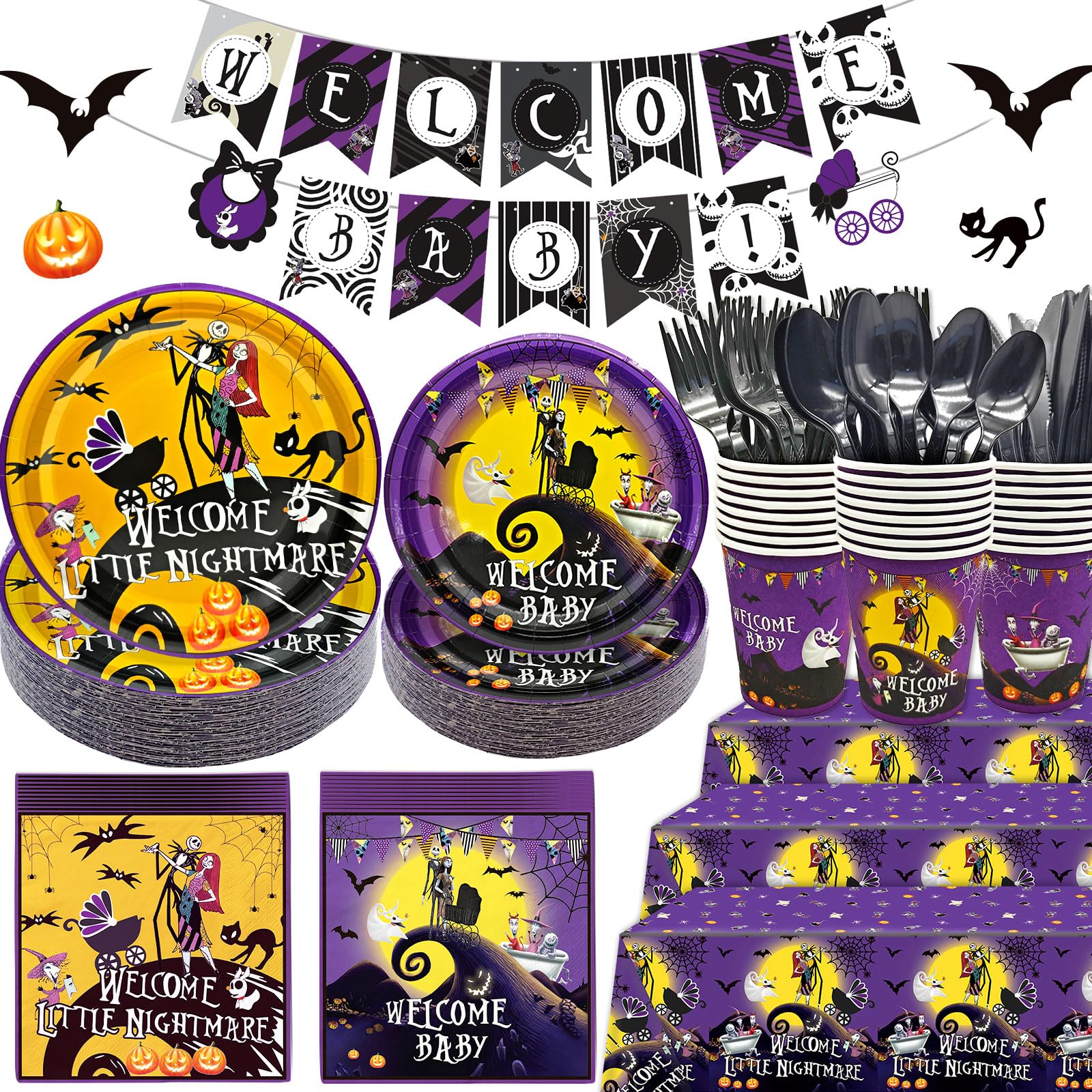 HigzYovn 183Pcs Welcome Little Nightmare Baby Shower Decorations Nightmare Before Christmas Party Supplies Nightmare Before Christmas Baby Shower Decorations Tableware for Baby Shower Party Decor