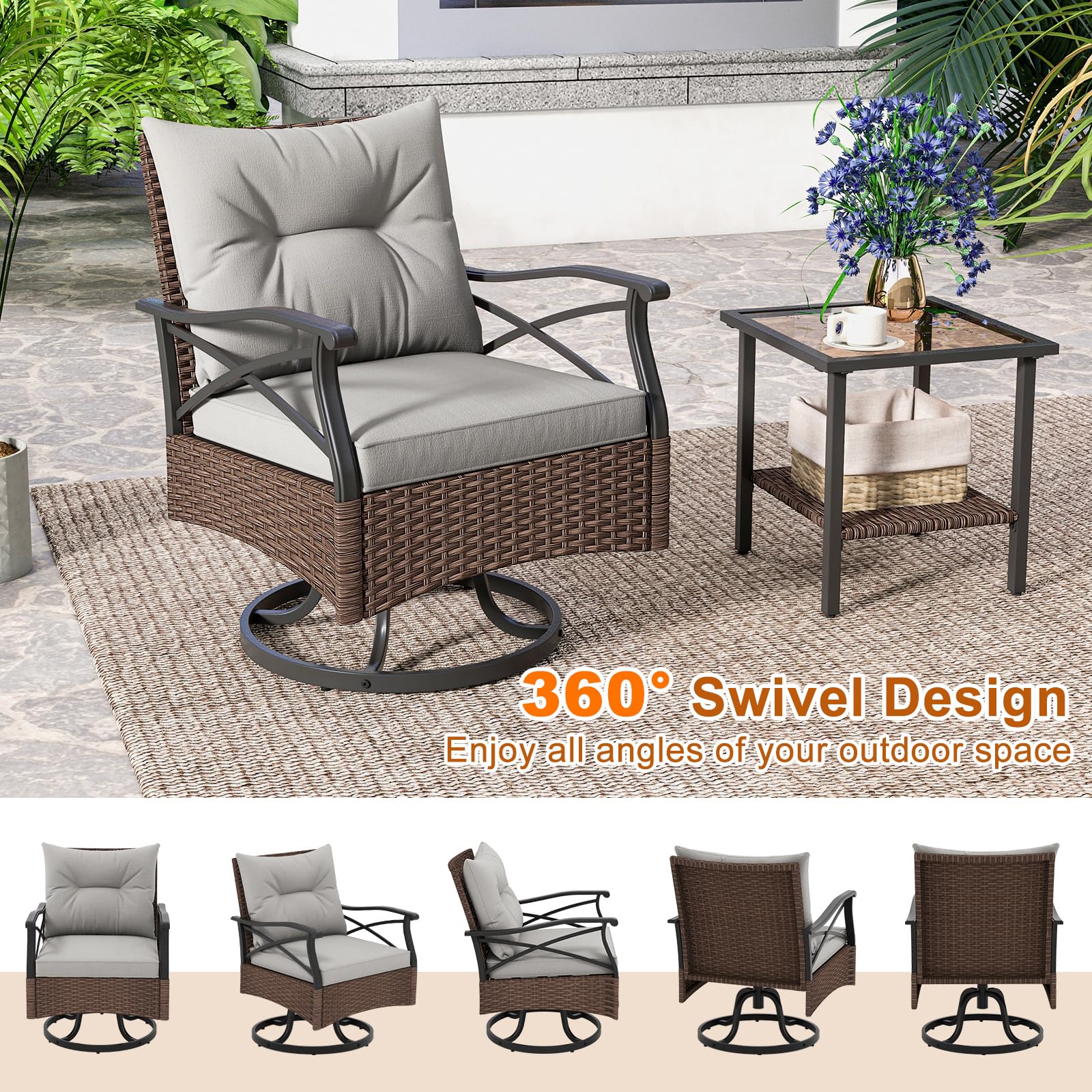 Tangkula Outdoor Swivel Rocking Chairs Set, 360 Degree Patio Cushioned Rocker Chairs with 2-Tier Tempered Glass Side Table, for Garden, Poolside, Backyard