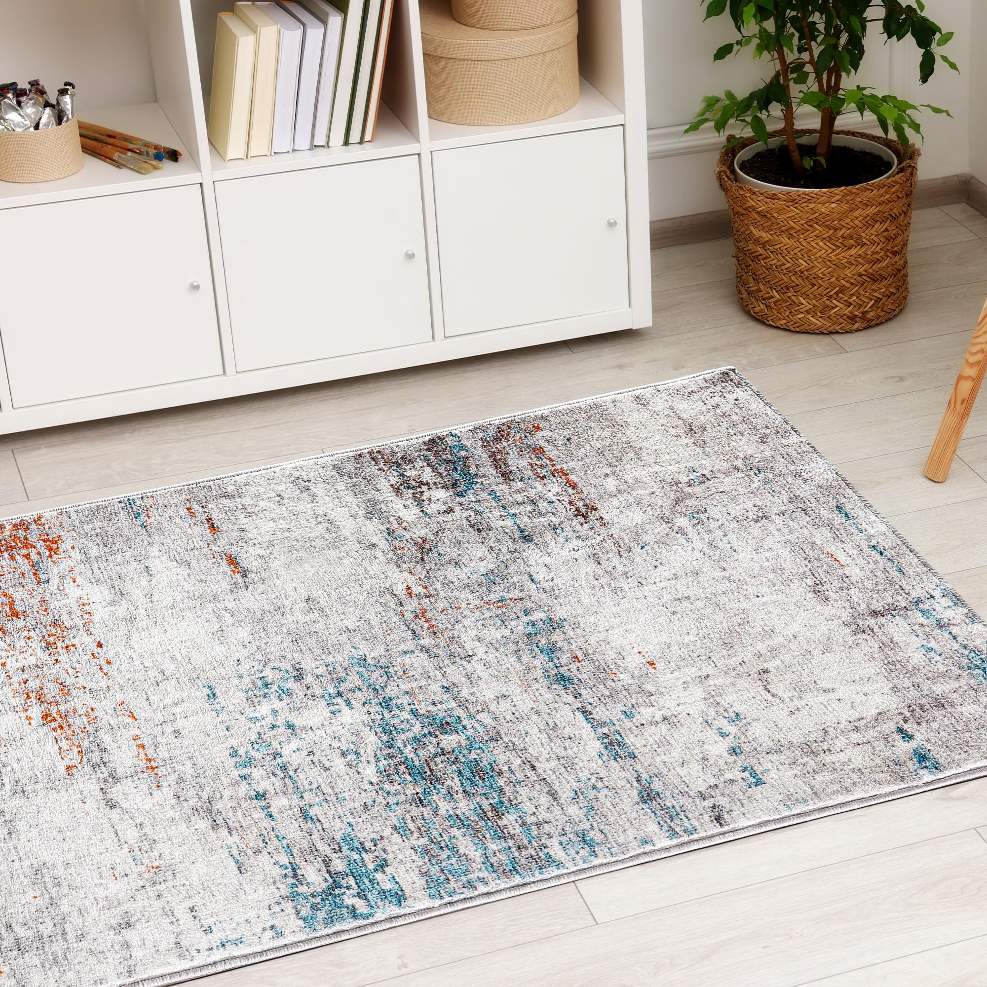 Modern Abstract Area Rug, 2x3 Washable Rugs for Living Room Bedroom Entryway Door mat Dining Room Indoor Accent Rugs, Soft Thin Throw Rug Floor Carpet for Kids Pet (Teal/Ivory/Brown)