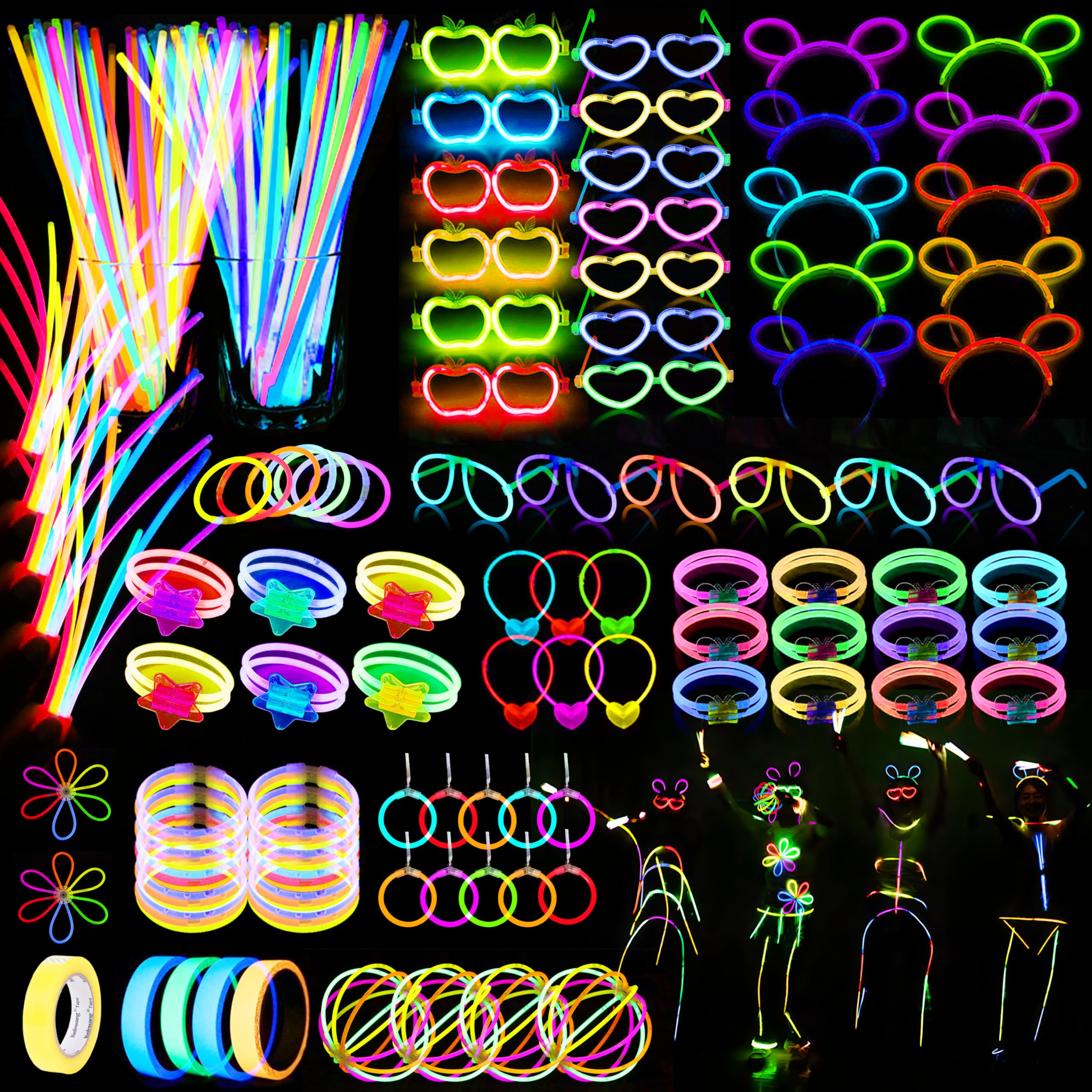 470psc Glow in the Dark Party Supplies for Kids Adults birthdays,Light Up Party Favors with，200 Glow Sticks Bulk，DIY Glow Necklaces Glasses Bracelets Headband, Christmas Party Neon Party Supplies