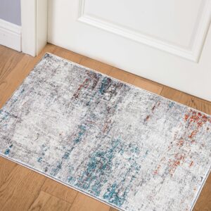 Modern Abstract Area Rug, 2x3 Washable Rugs for Living Room Bedroom Entryway Door mat Dining Room Indoor Accent Rugs, Soft Thin Throw Rug Floor Carpet for Kids Pet (Teal/Ivory/Brown)