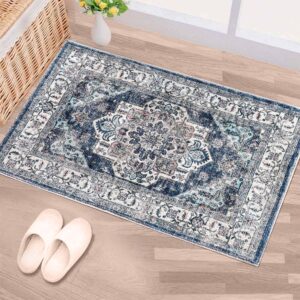 mcadore machine washable rug 2x3 vintage design washable boho area rugs for living room, bedroom, kitchen, soft non-slip foldable large indoor rug, navy/beige