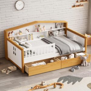 wooden house shape daybed with two drawers and bookcase headboard,for kids girls boys teen bedroom use (walnut/white@drawers/, twin)