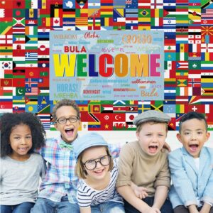 World Flags Backdrop 6x3.6ft International Welcome Backdrop Country Flags Banner Backdrop International Flag Background International Sports Events Party Decoration School Classroom Wallpaper