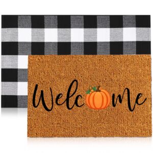 moucuny 2 pcs fall coir welcome doormat fall rug outdoor mat layered buffalo plaid mat halloween mats pumpkin maple mat for autumn thanksgiving fall front porch outdoor entryway(plain style)