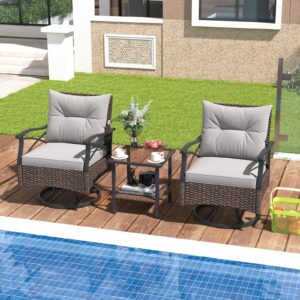 Tangkula Outdoor Swivel Rocking Chairs Set, 360 Degree Patio Cushioned Rocker Chairs with 2-Tier Tempered Glass Side Table, for Garden, Poolside, Backyard