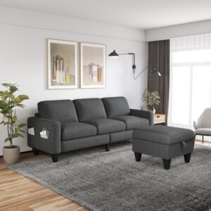 yattem convertible sectional sofa couch:dark grey 3 seat l shaped sofa couch with storage movable ottoman and pockets—modern linen fabric upholstered sofa set for living room small space apartment