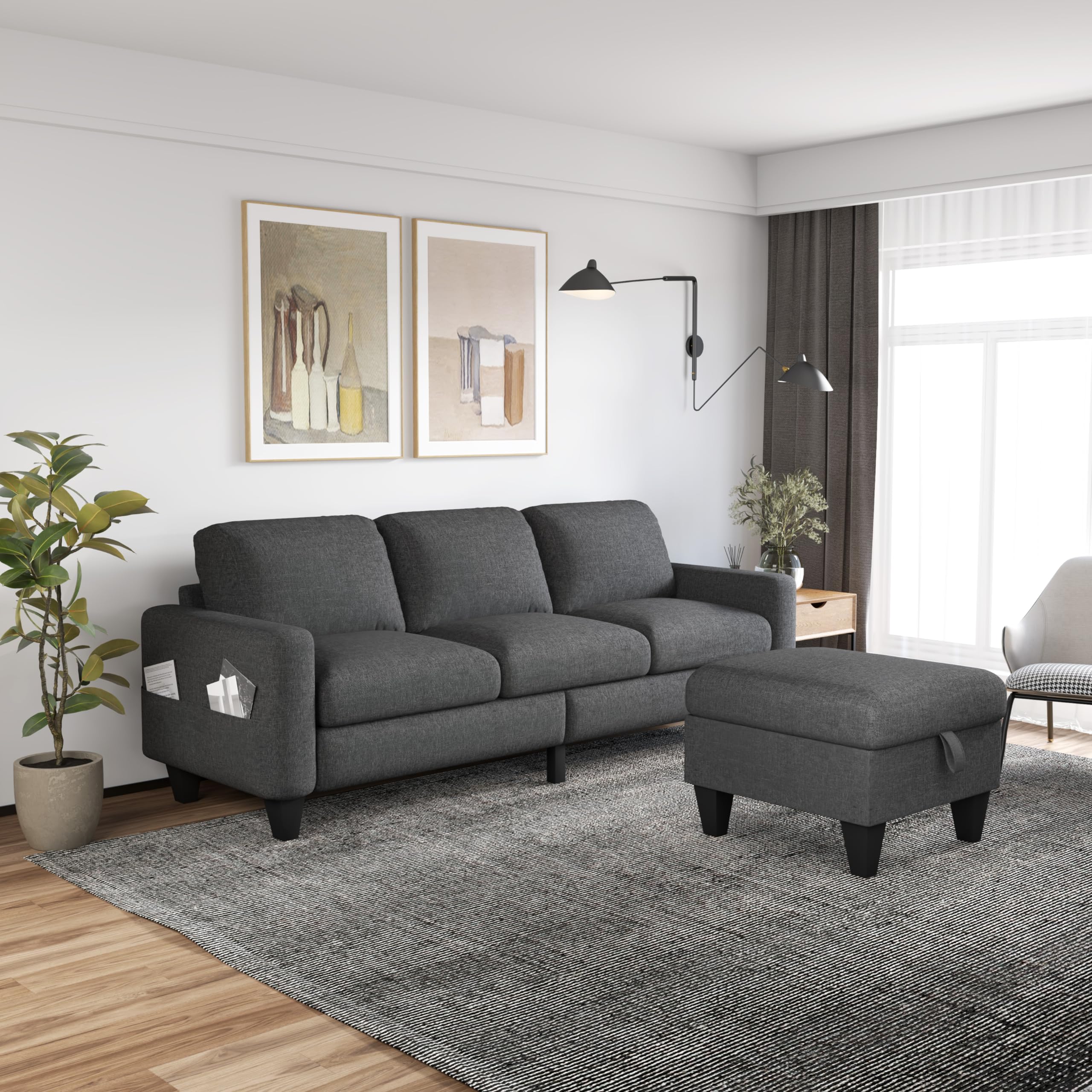 Yattem Convertible Sectional Sofa Couch:Dark Grey 3 Seat L Shaped Sofa Couch with Storage Movable Ottoman and Pockets—Modern Linen Fabric Upholstered Sofa Set for Living Room Small Space Apartment