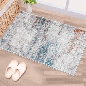 modern abstract area rug, 2x3 washable rugs for living room bedroom entryway door mat dining room indoor accent rugs, soft thin throw rug floor carpet for kids pet (teal/ivory/brown)