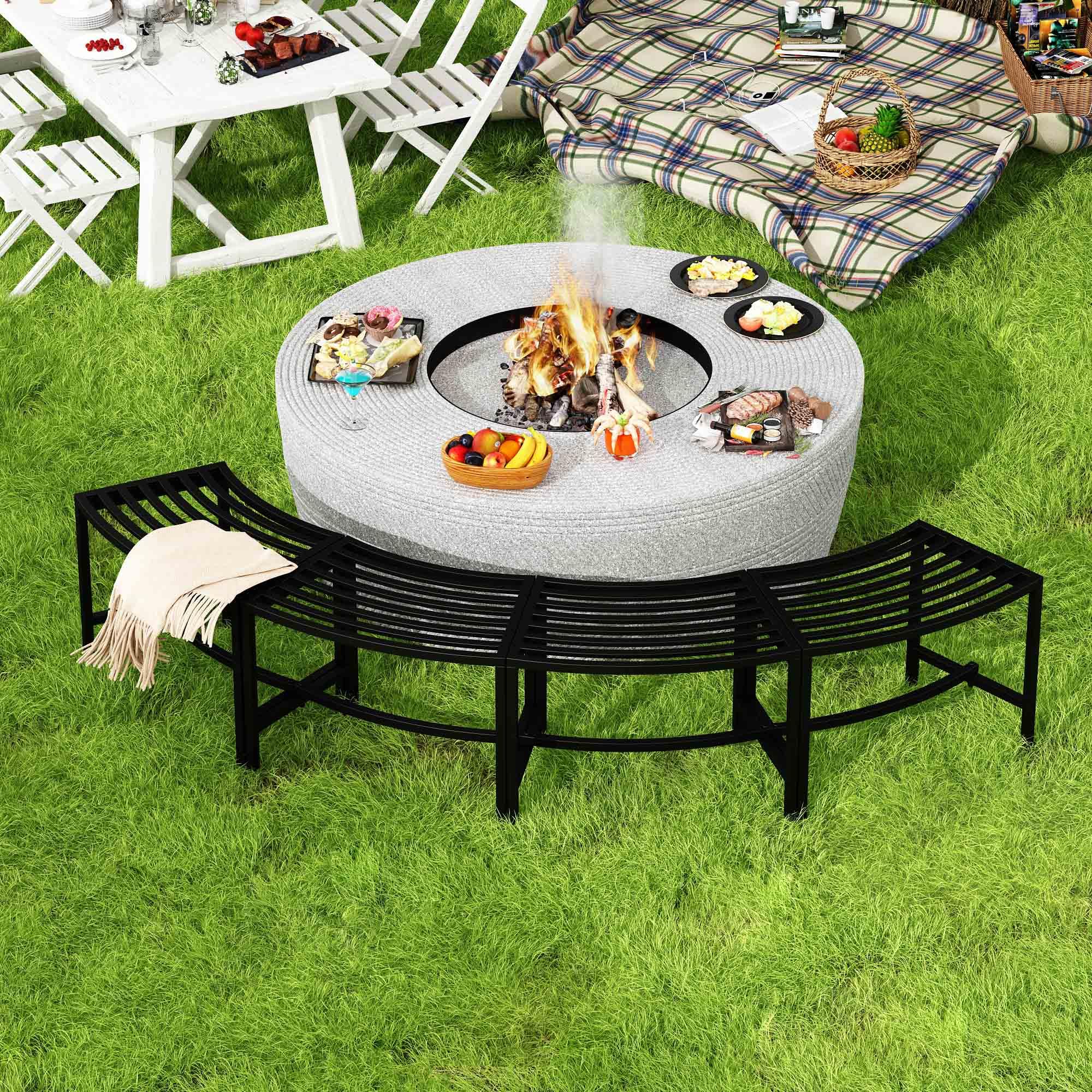 Timechee Metal Curved Fire Pit Bench Set of 4, Outdoor Fire Pit Seating, Steel Backless Outside Fire Pit Bench for Garden, Patio, Porch, Backyard, Plant Stand, Heavy Duty Plant Holder, Style 1, Black