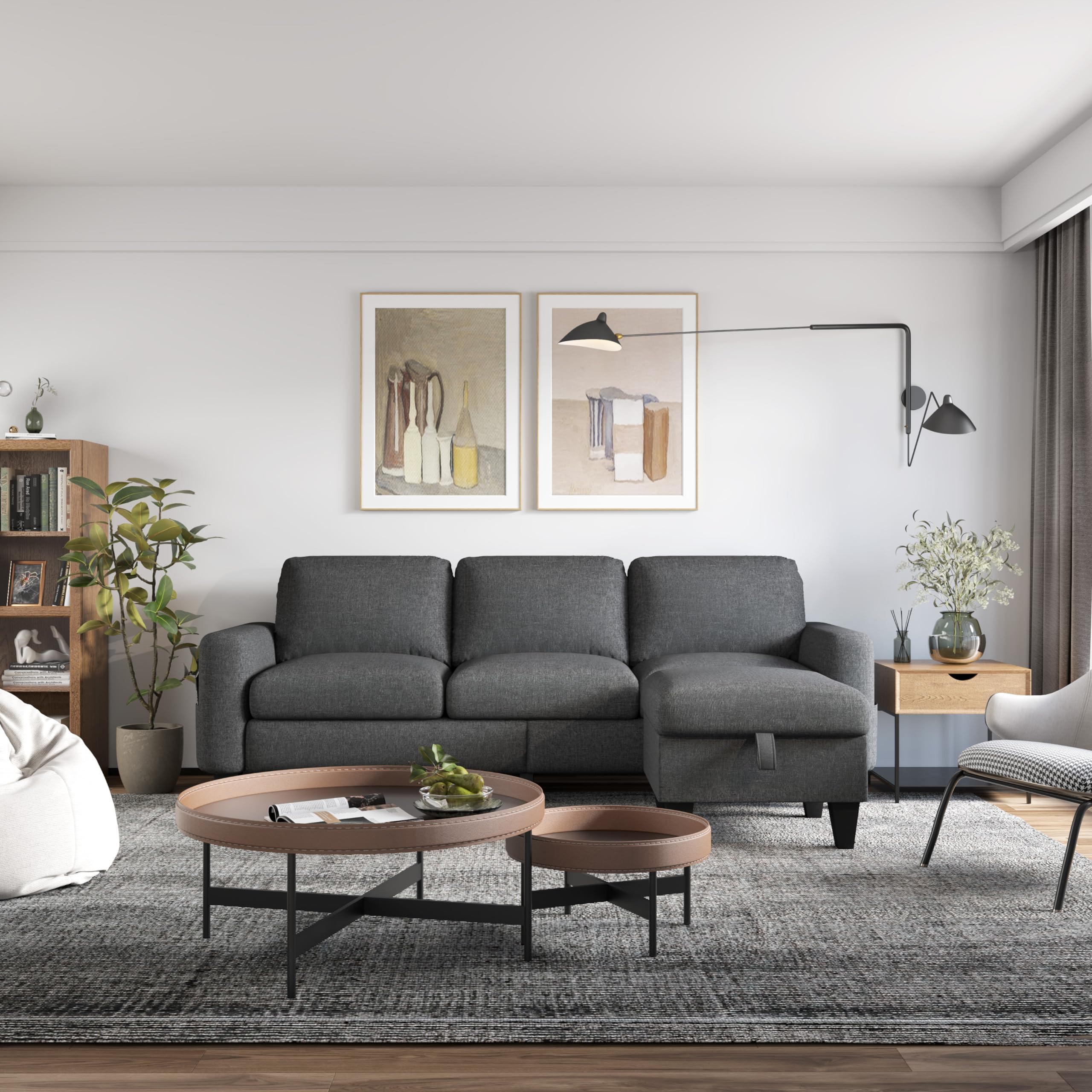 Yattem Convertible Sectional Sofa Couch:Dark Grey 3 Seat L Shaped Sofa Couch with Storage Movable Ottoman and Pockets—Modern Linen Fabric Upholstered Sofa Set for Living Room Small Space Apartment