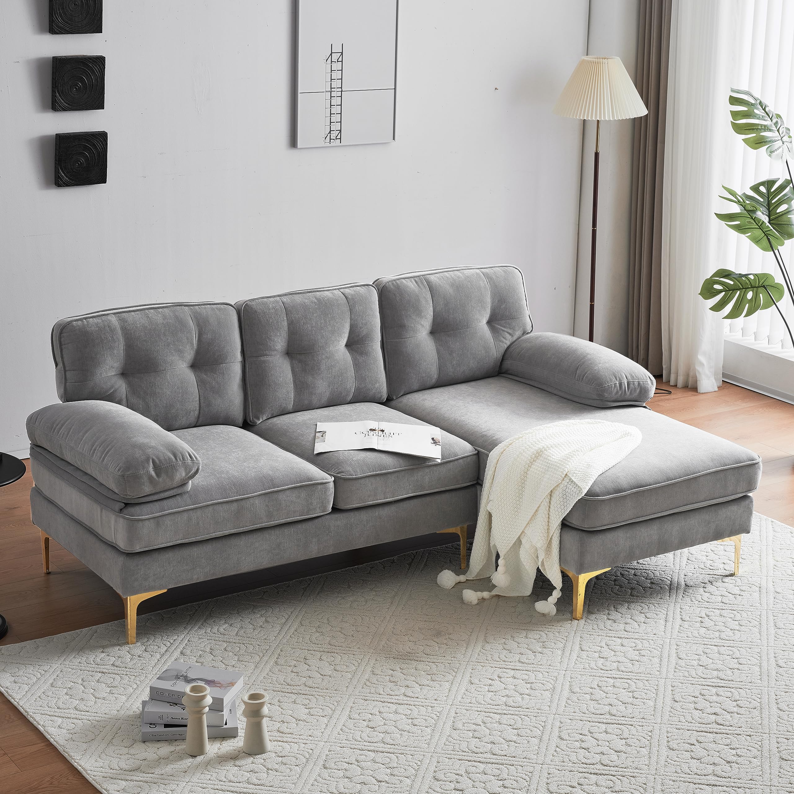 ACQCA 110" L-Shaped Convertible Sectional Sofa with Removable Ottoman and 4 Back Cushions,Velvet Upholstered Couch with Storage Pockets and Nailhead Decorated Armrest, Sturdy Metal Legs, Light Grey1