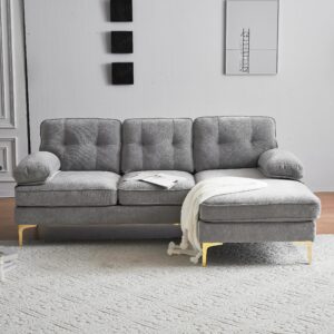 ACQCA 110" L-Shaped Convertible Sectional Sofa with Removable Ottoman and 4 Back Cushions,Velvet Upholstered Couch with Storage Pockets and Nailhead Decorated Armrest, Sturdy Metal Legs, Light Grey1