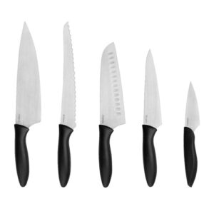 Kershaw 6-Piece Kitchen Knife Block Set - Chef, Bread, Santoku, Utility & Paring Knives with Wood Block, German Stainless Steel Blades, Black Handles