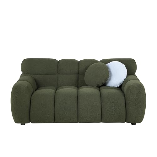 ERYE Modern Living Room Deep Seat Loveseat Overstuffed Memory Foam Cloud Love Sofa Comfy Sherpa Boucle 2 Seater Couch with 2 Pillows for Home,Office,Apartment,Company and Lobby, 65", Olive Green