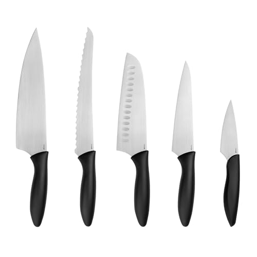 Kershaw 6-Piece Kitchen Knife Block Set - Chef, Bread, Santoku, Utility & Paring Knives with Wood Block, German Stainless Steel Blades, Black Handles