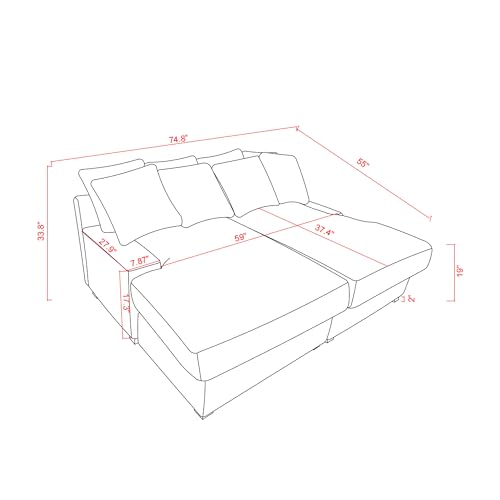 ERYE 74.8" Luxury Twin Chaise Daybed Sofa Couch for Living Room,Modern Corduroy Upholstery Lounge Love Seat Sleeper Sofabed with 6 Piilows